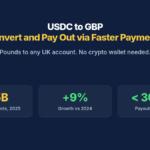 USDC to GBP: Convert and Pay Out via Faster Payments. Pounds to any UK account. No crypto wallet needed. 5.5B Faster Payments, 2025, +9% Growth vs 2024