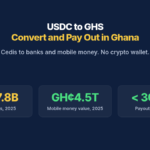 USDC to GHS: Convert and Pay Out in Ghana. Cedis to banks and mobile money. No crypto wallet. US$7.8B Remittances, 2025, GH¢4.5T Mobile money value, 2025