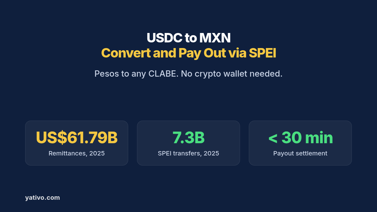 USDC to MXN: Convert and Pay Out via SPEI. Pesos to any CLABE. No crypto wallet needed. US$61.79B Remittances, 2025, 7.3B SPEI transfers, 2025