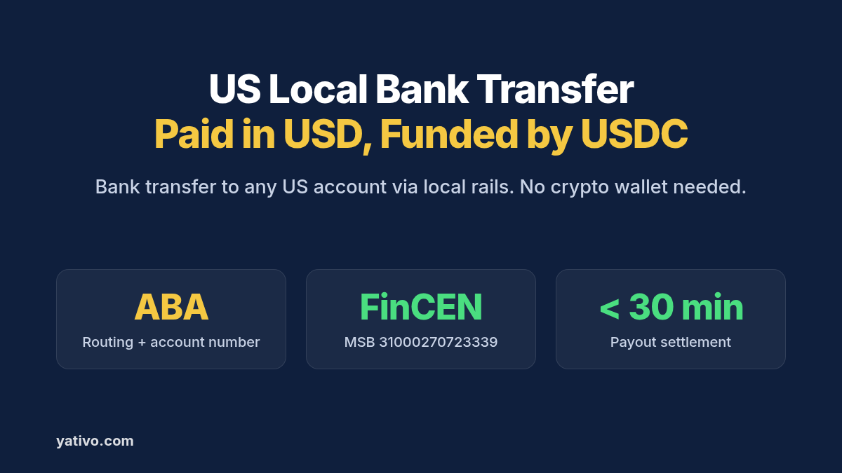 Local bank transfer payouts to the United States funded by USDC: under 30 min settlement, ABA routing details, and FinCEN MSB registration