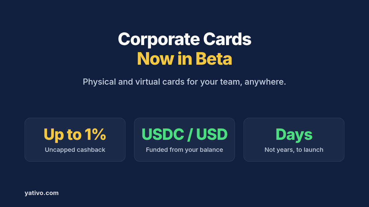 Yativo corporate cards now in beta: physical and virtual cards, up to 1% uncapped cashback, funded in USDC or USD